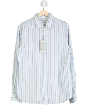 MANGO Blue Classic Fit Cotton Linen Rustic Striped Shirt UK M