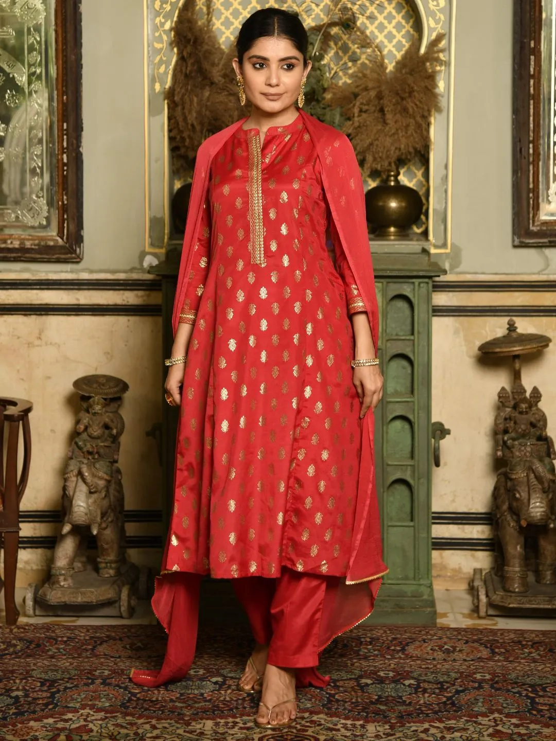 Maroon Ethnic Motifs Gold Printed Kurta with Trousers & Dupatta