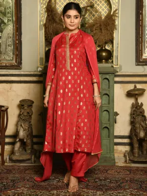 Maroon Ethnic Motifs Gold Printed Kurta with Trousers & Dupatta