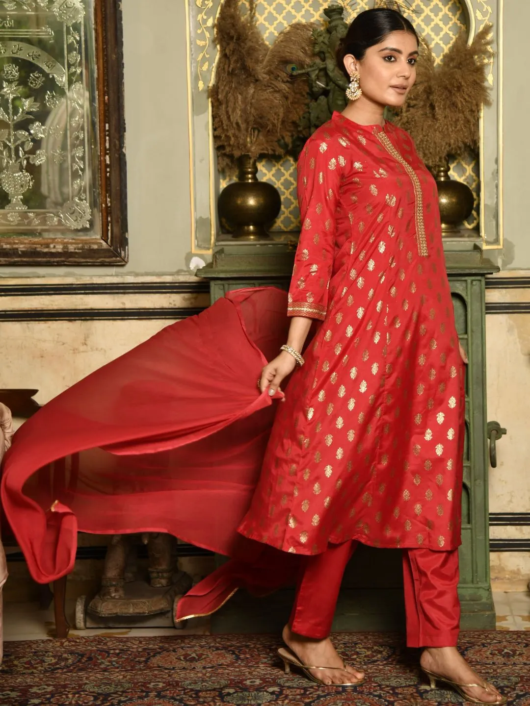 Maroon Ethnic Motifs Gold Printed Kurta with Trousers & Dupatta