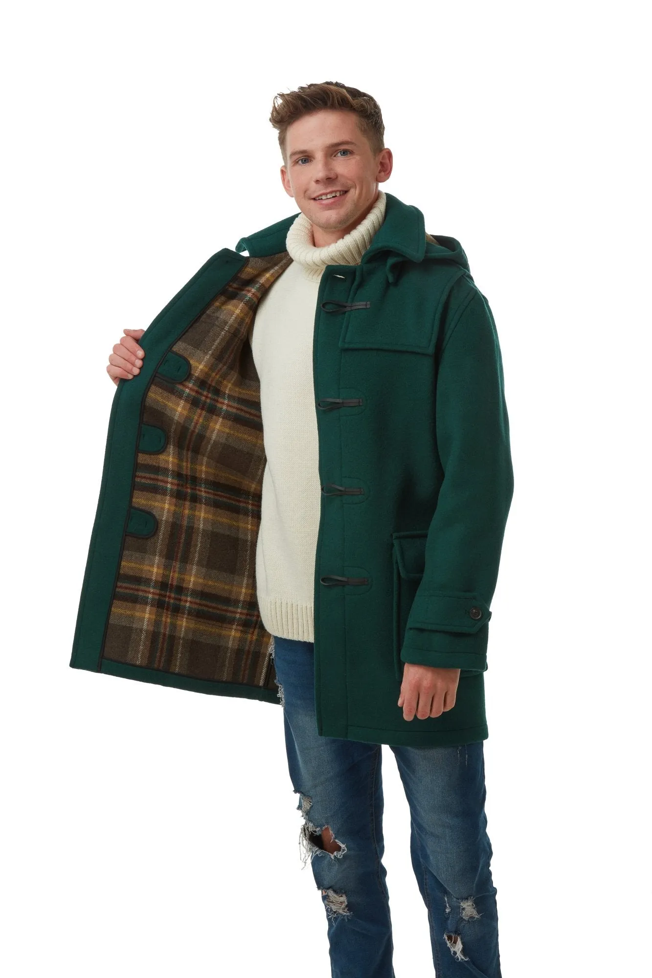 Men's British Racing Green London Custom Fit Convertible Duffle Coat, With Original Removable Hood And Horn Toggles