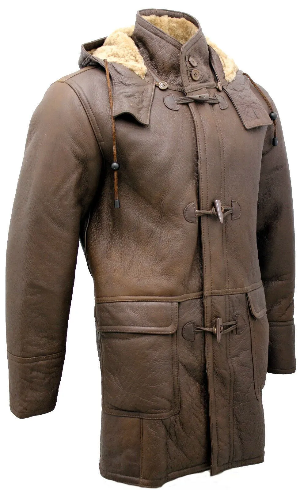 Mens Brown Sheepskin Leather Hooded Duffle Coat-Leatherhead