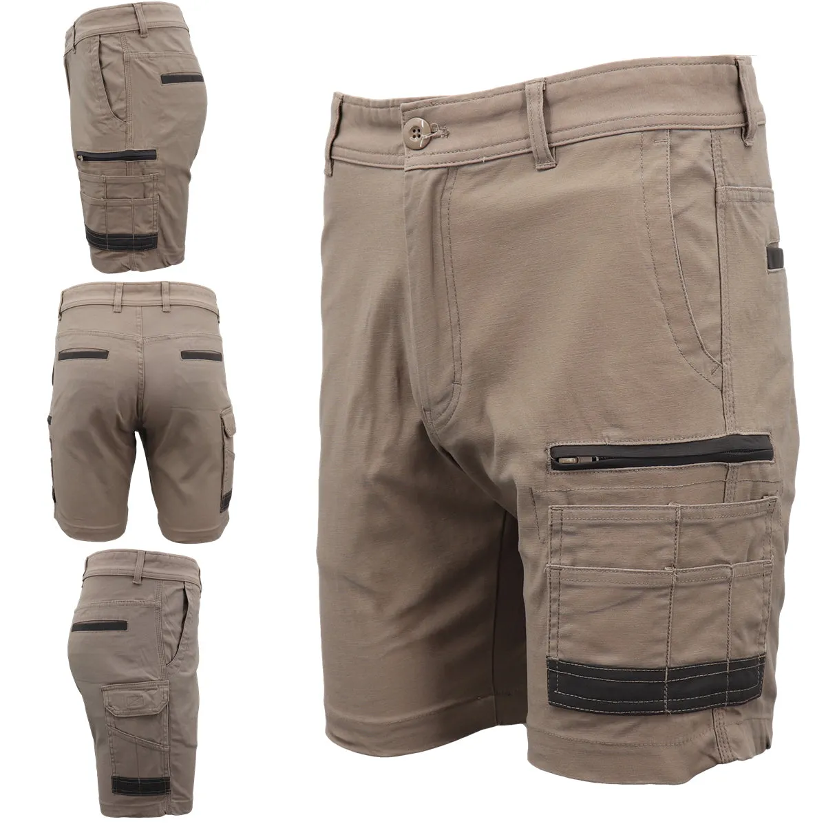 Mens Cargo Cotton Drill Work Shorts UPF 50  13 Pockets Tradies Workwear Trousers, Black, 28