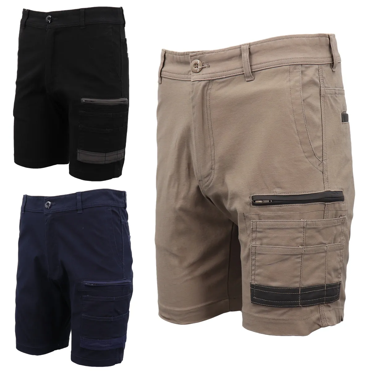 Mens Cargo Cotton Drill Work Shorts UPF 50  13 Pockets Tradies Workwear Trousers, Black, 28