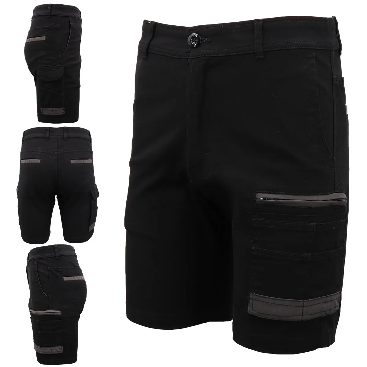 Mens Cargo Cotton Drill Work Shorts UPF 50  13 Pockets Tradies Workwear Trousers, Black, 28