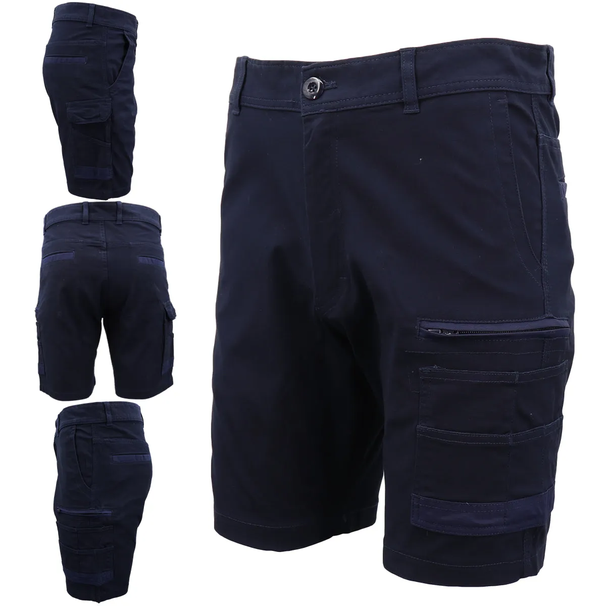 Mens Cargo Cotton Drill Work Shorts UPF 50  13 Pockets Tradies Workwear Trousers, Black, 28