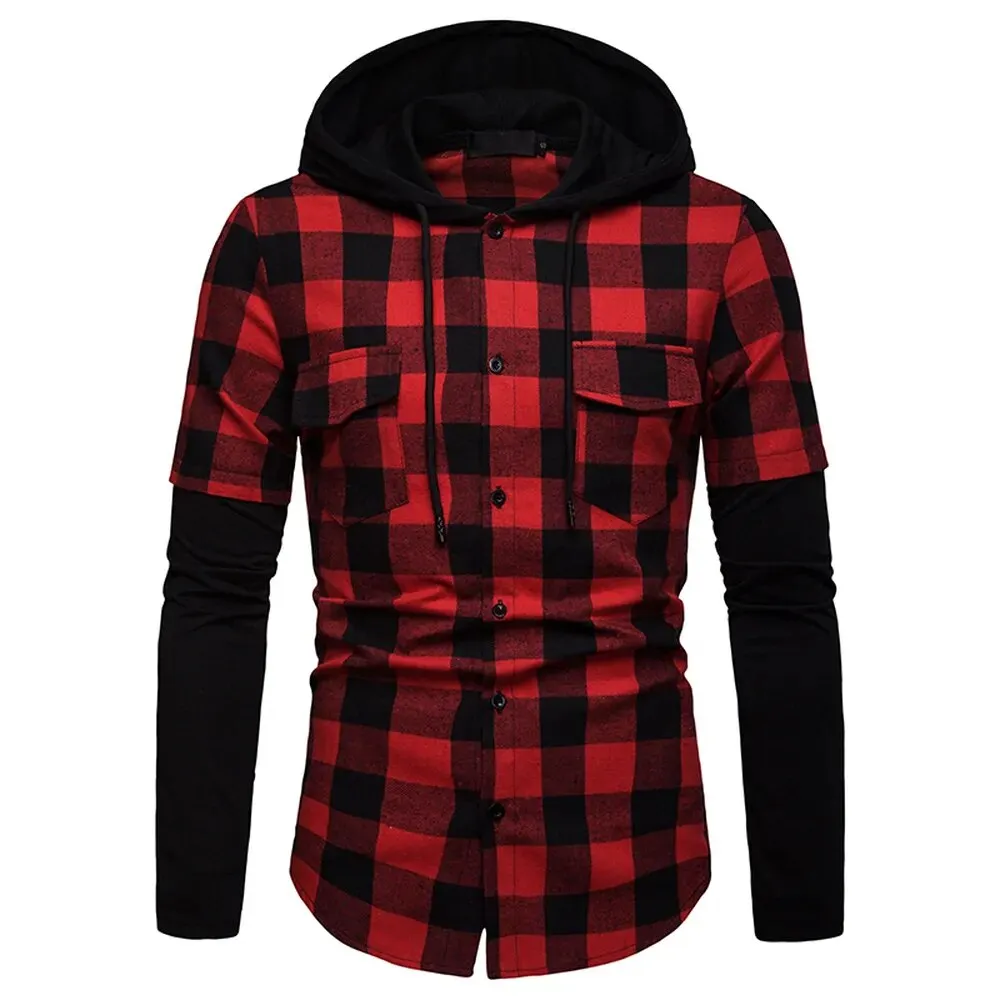 Men's Casual Slim Fit Shirt Fashion Plaid Hooded Dual Pockets Long Sleeve Top Lumberjack Check Shirt Jack Clothes MCL205
