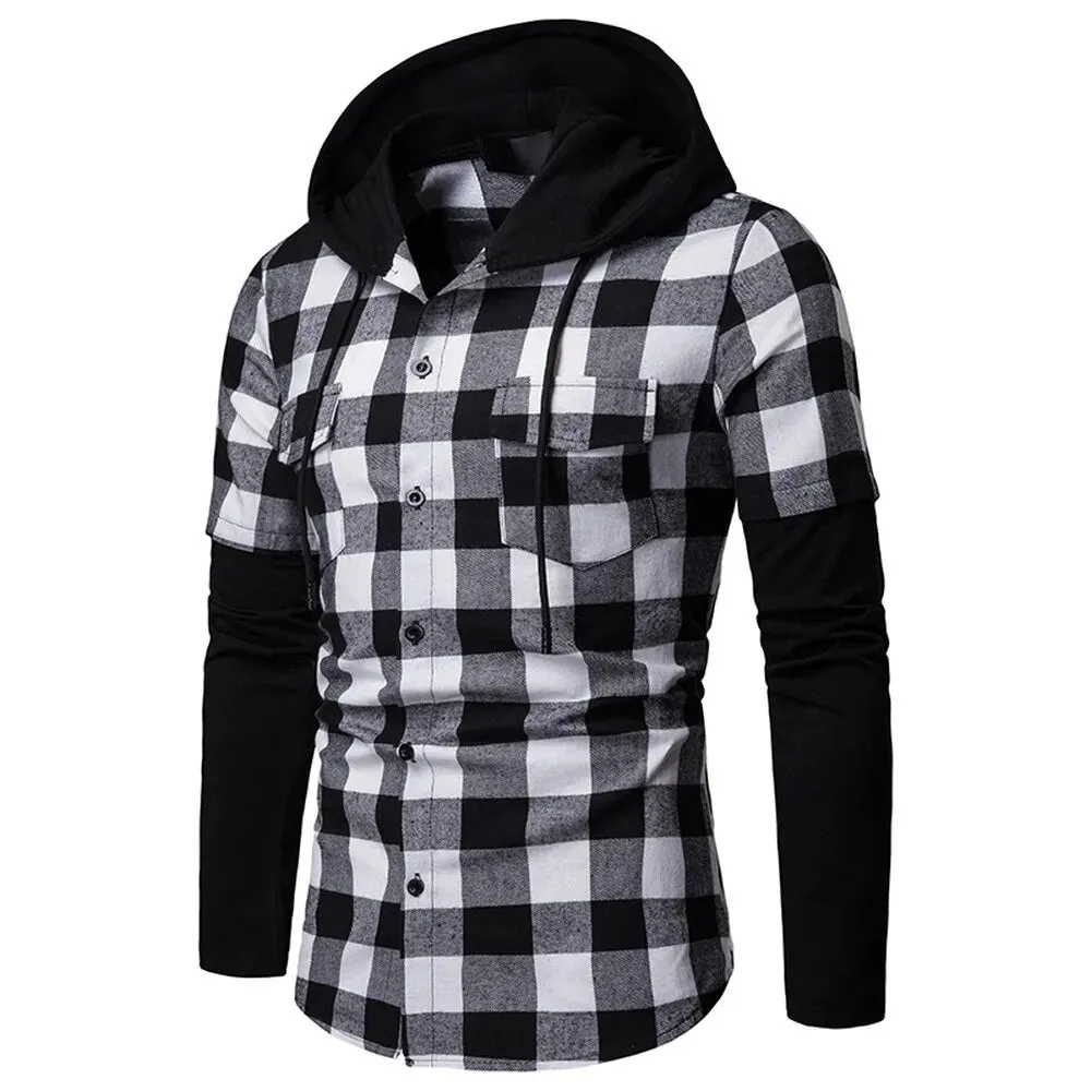 Men's Casual Slim Fit Shirt Fashion Plaid Hooded Dual Pockets Long Sleeve Top Lumberjack Check Shirt Jack Clothes MCL205