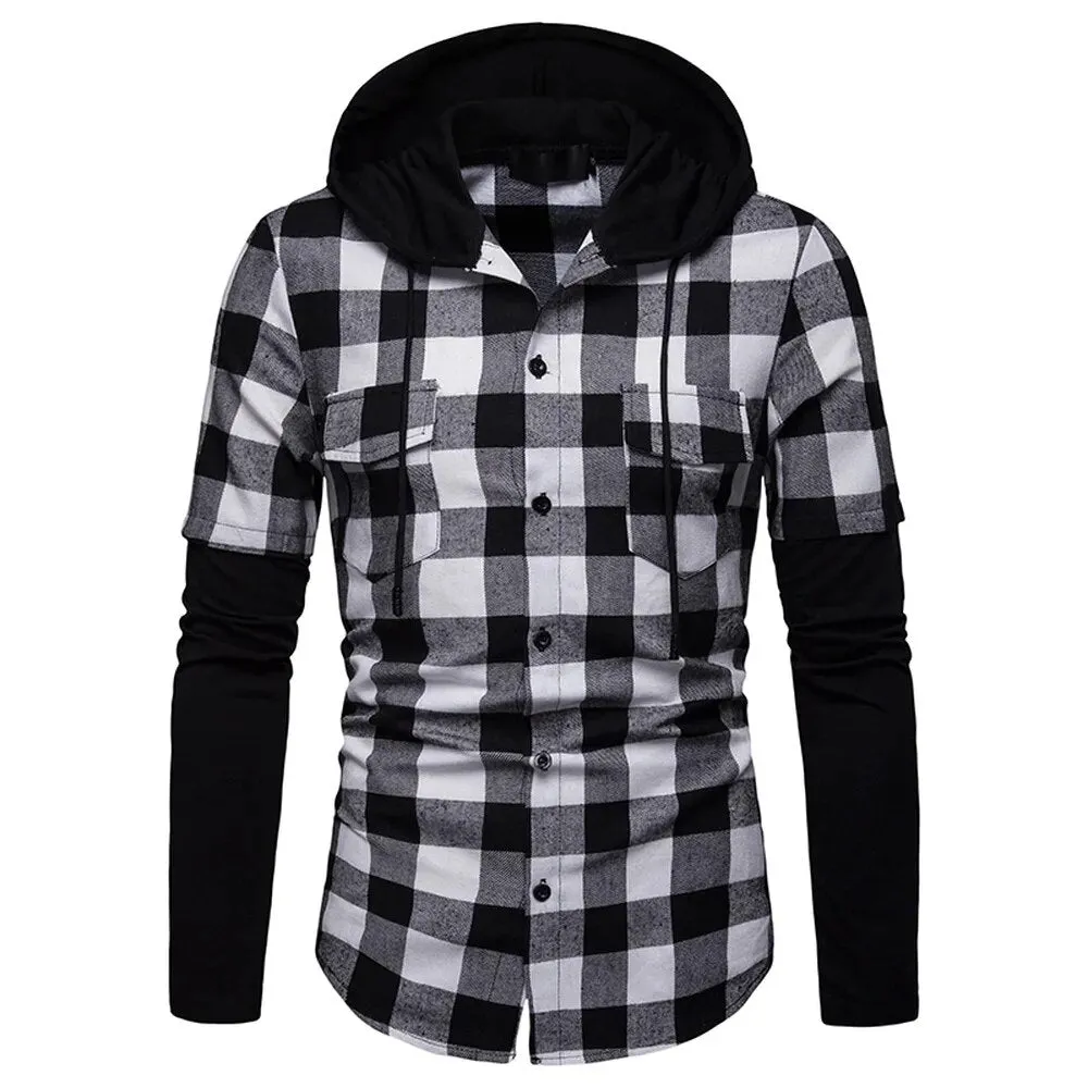 Men's Casual Slim Fit Shirt Fashion Plaid Hooded Dual Pockets Long Sleeve Top Lumberjack Check Shirt Jack Clothes MCL205