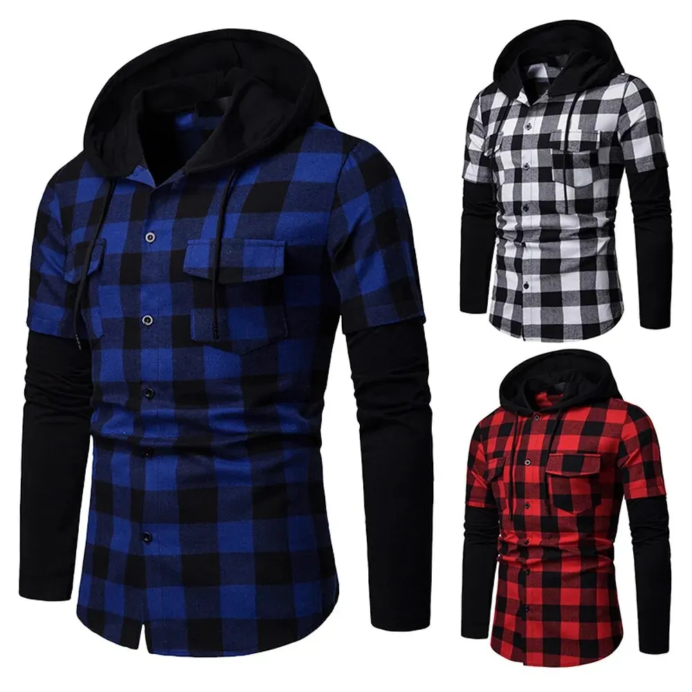 Men's Casual Slim Fit Shirt Fashion Plaid Hooded Dual Pockets Long Sleeve Top Lumberjack Check Shirt Jack Clothes MCL205