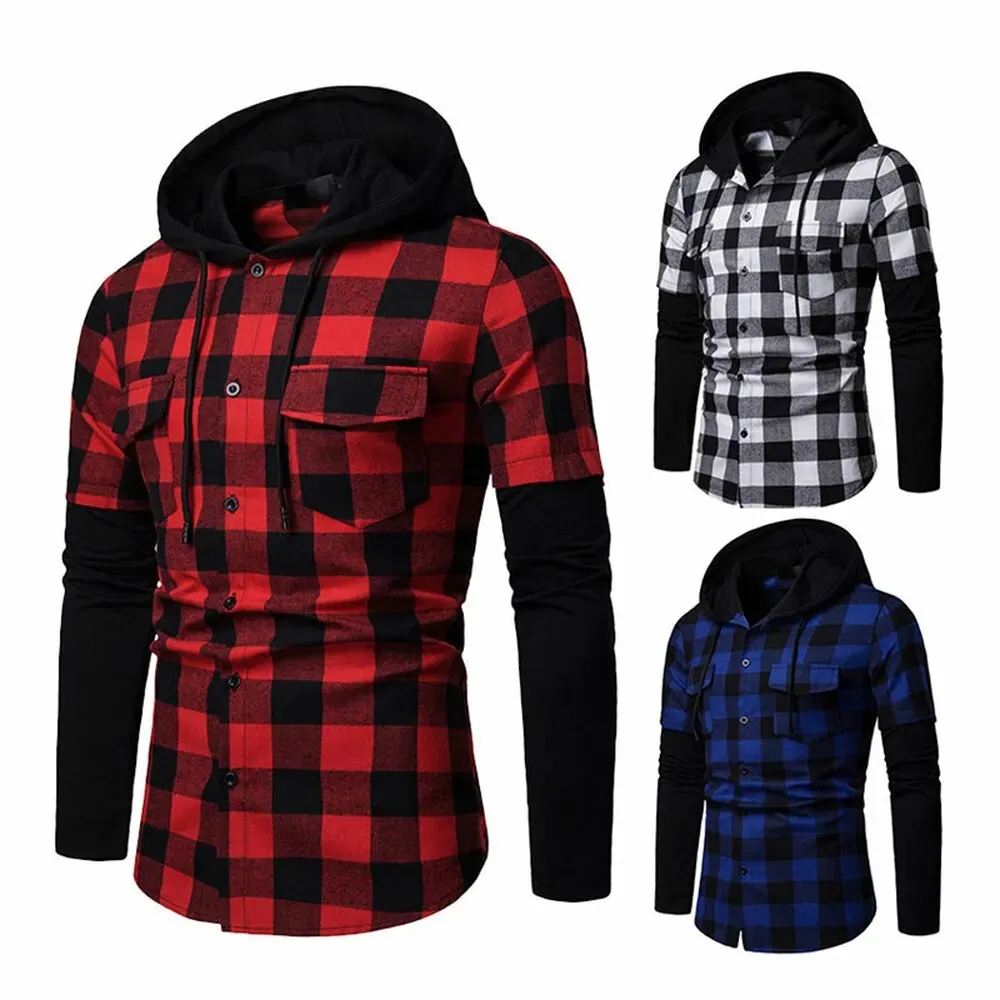 Men's Casual Slim Fit Shirt Fashion Plaid Hooded Dual Pockets Long Sleeve Top Lumberjack Check Shirt Jack Clothes MCL205