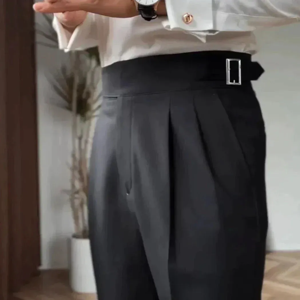 Men's Elegant High-Waisted Buckle Trousers