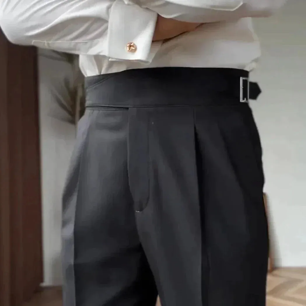 Men's Elegant High-Waisted Buckle Trousers