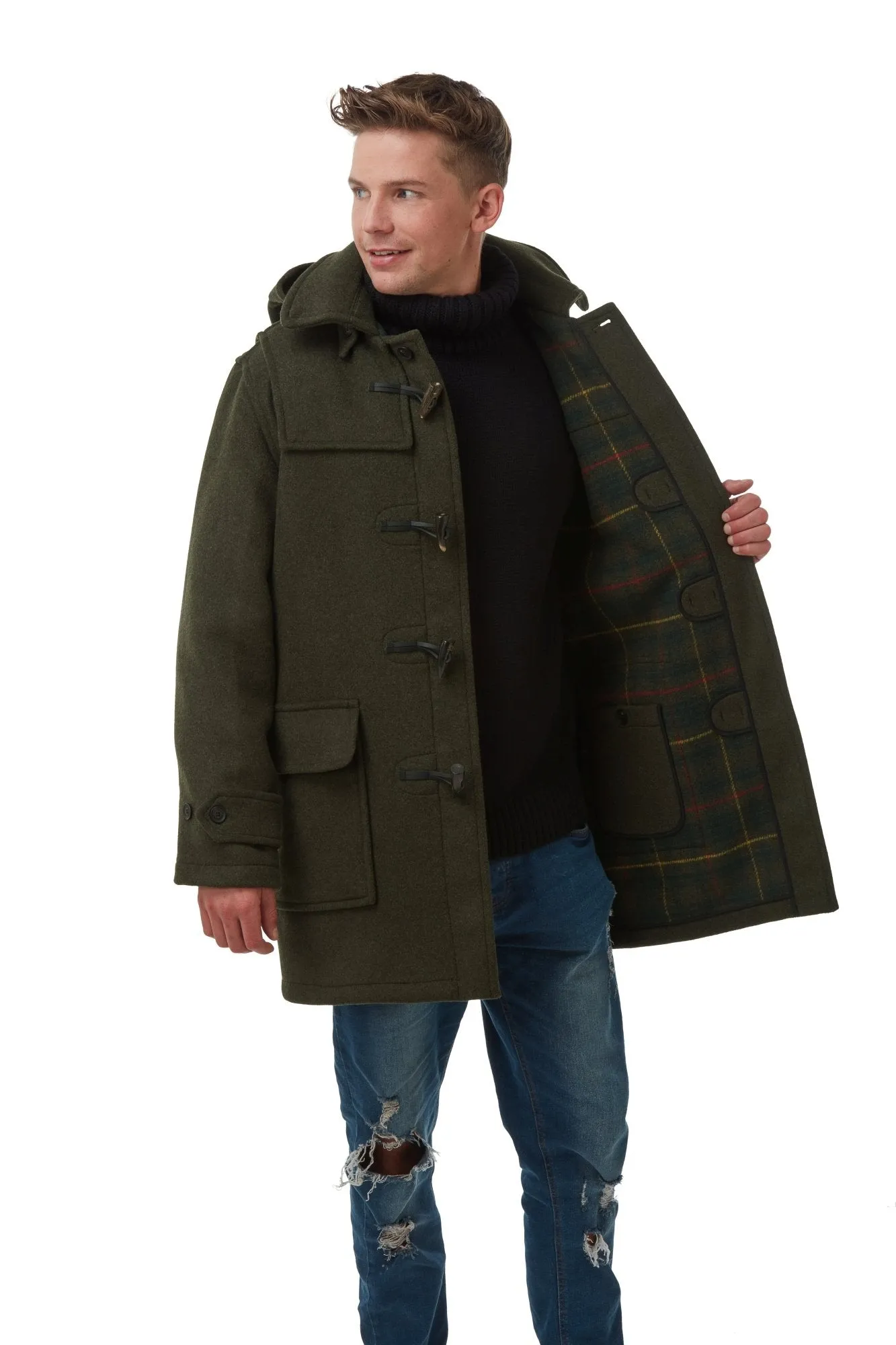 Men's Olive London Custom Fit Convertible Duffle Coat, With Original Removable Hood And Horn Toggles