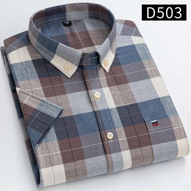 Men's Short Sleeve Shirts Oxford Plaid Striped Casual Dress Shirts
