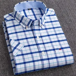 Men's Short Sleeve Shirts Oxford Plaid Striped Casual Dress Shirts