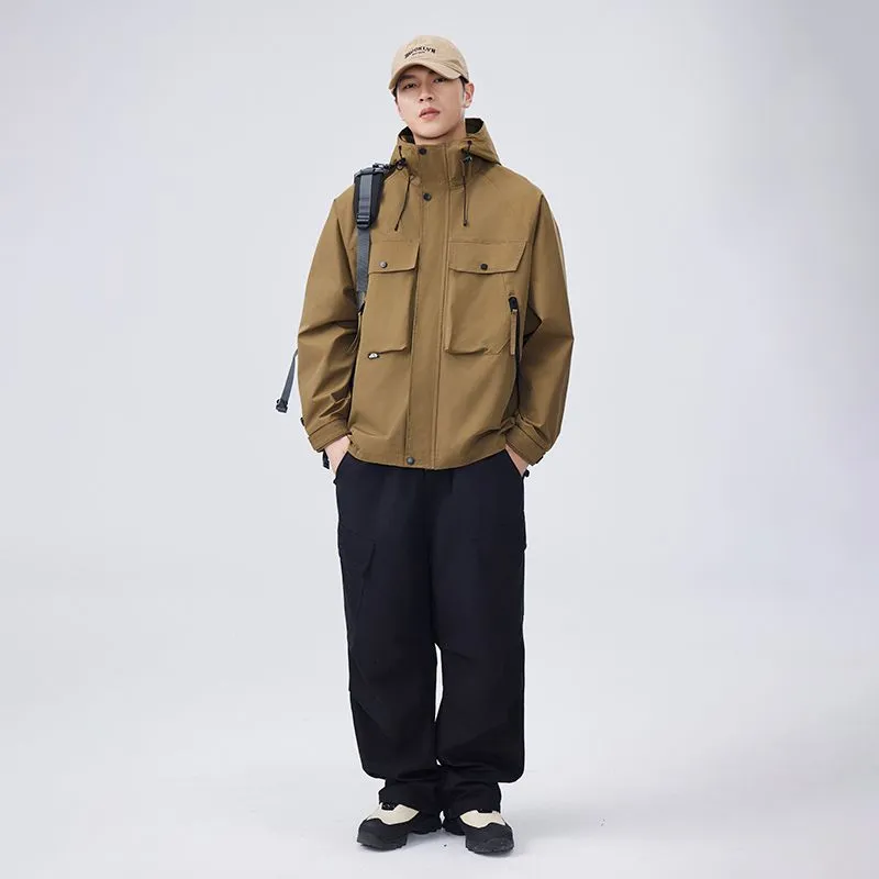 Men's Windproof Rain Jacket with Flap Pockets and Stain-resistant Material