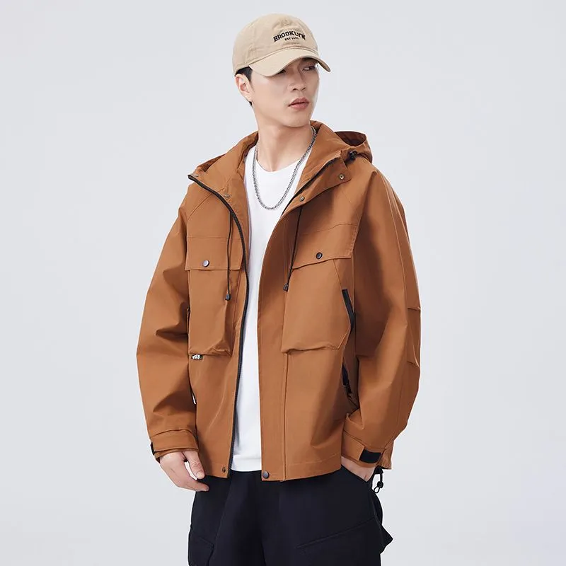 Men's Windproof Rain Jacket with Flap Pockets and Stain-resistant Material
