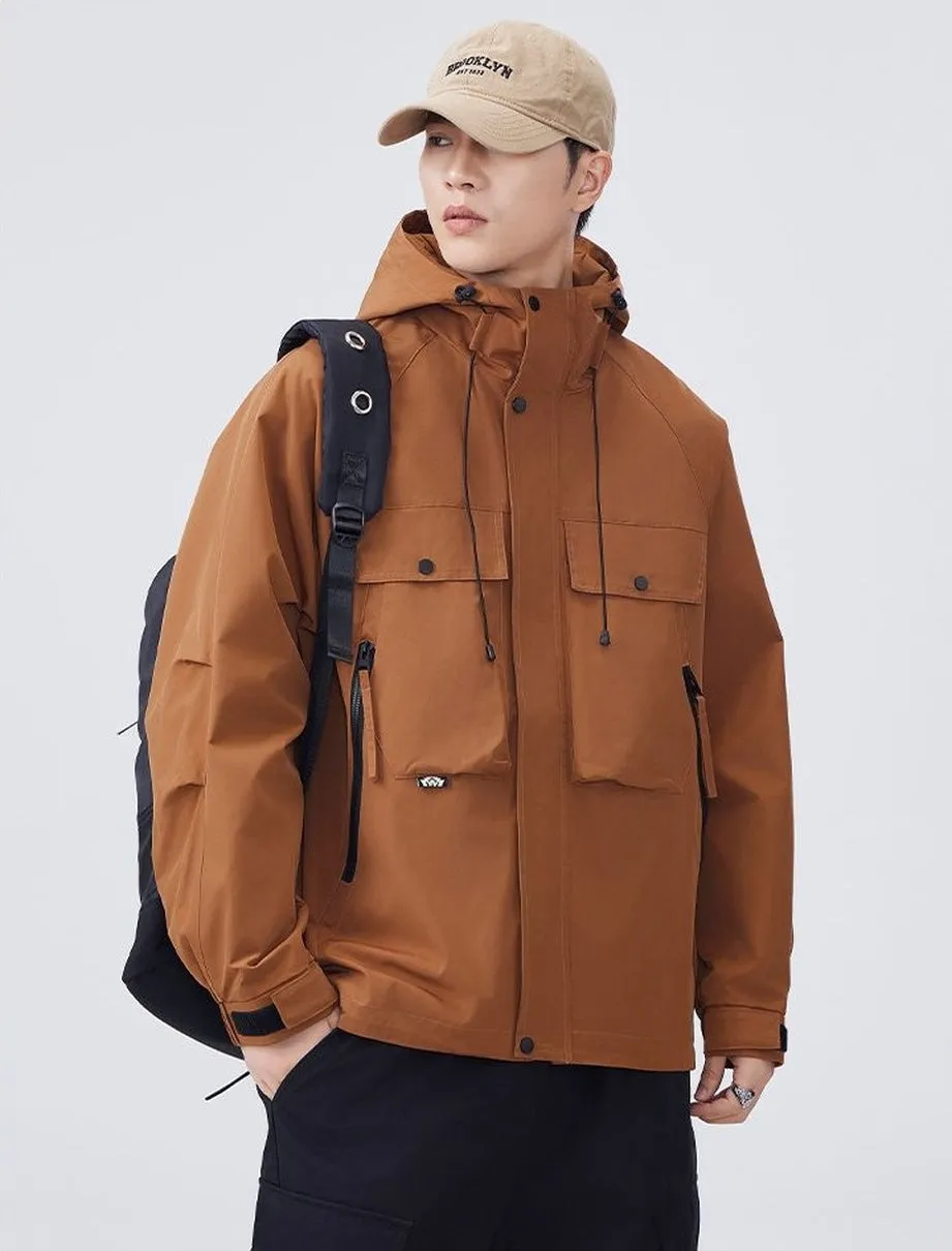 Men's Windproof Rain Jacket with Flap Pockets and Stain-resistant Material