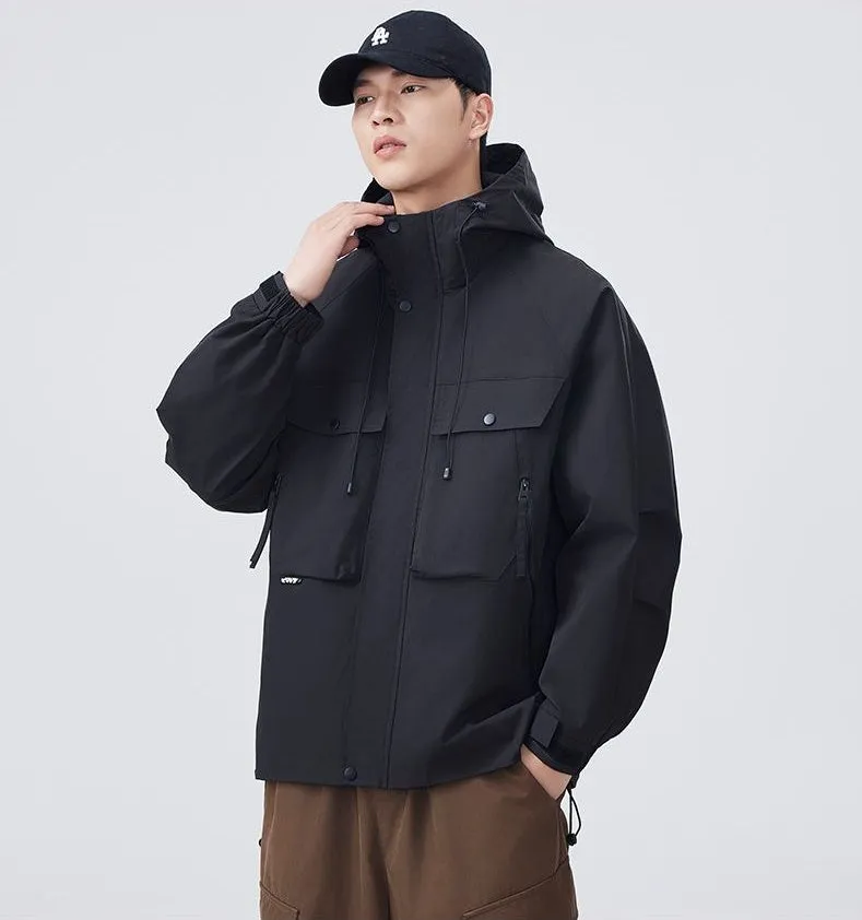 Men's Windproof Rain Jacket with Flap Pockets and Stain-resistant Material