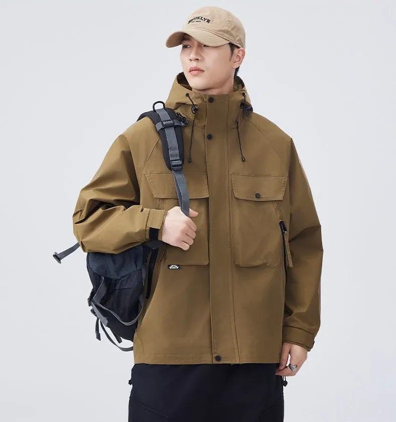 Men's Windproof Rain Jacket with Flap Pockets and Stain-resistant Material