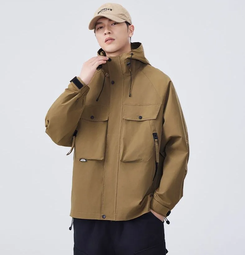 Men's Windproof Rain Jacket with Flap Pockets and Stain-resistant Material