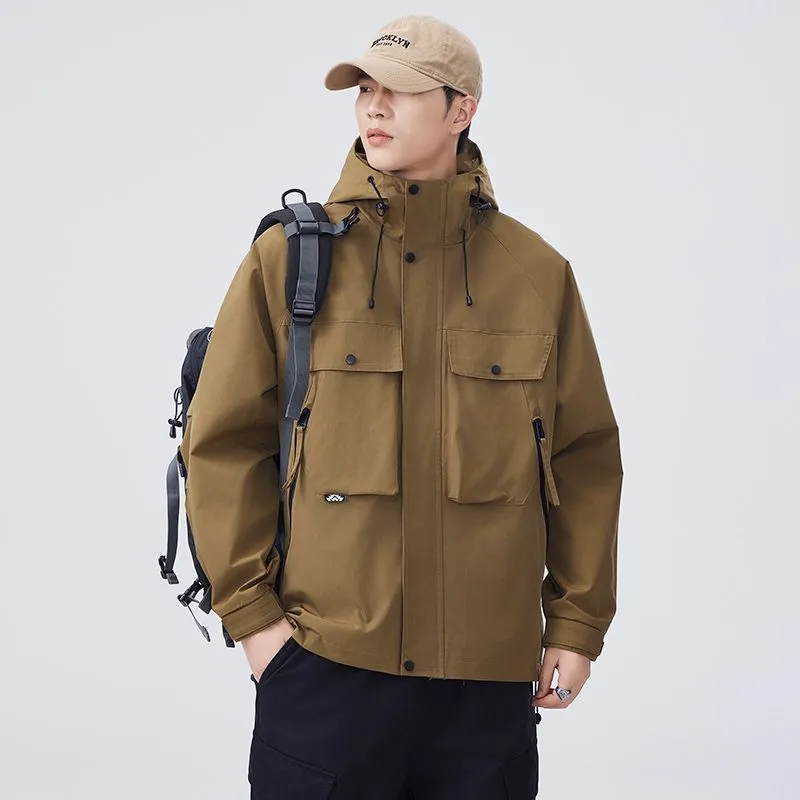 Men's Windproof Rain Jacket with Flap Pockets and Stain-resistant Material