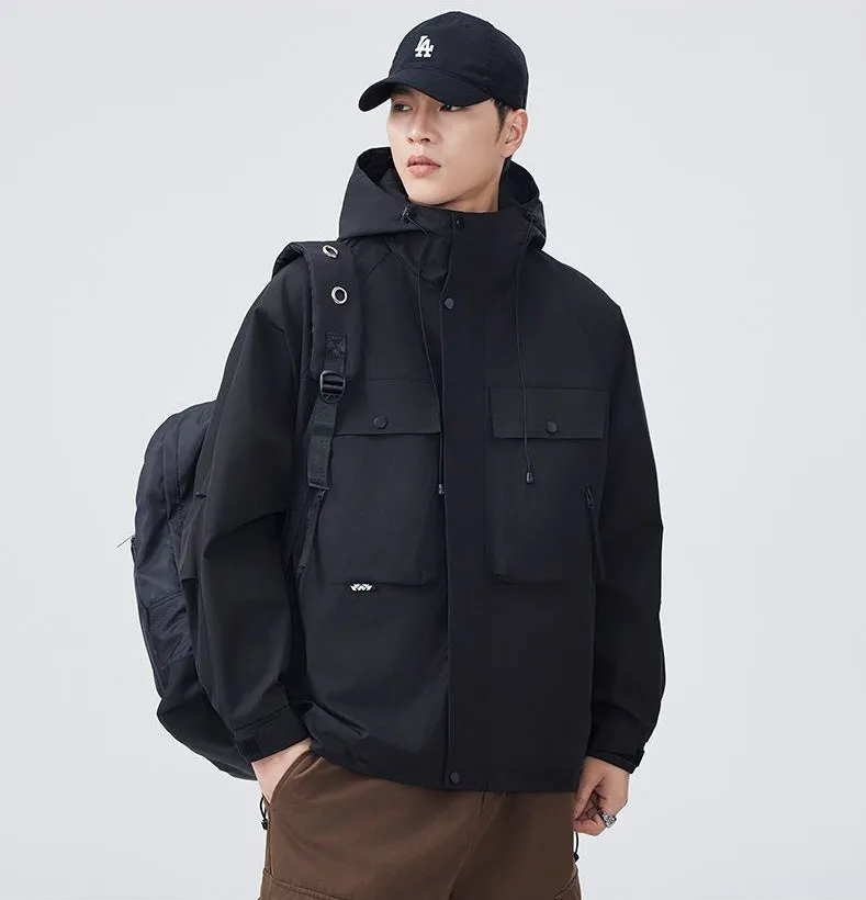 Men's Windproof Rain Jacket with Flap Pockets and Stain-resistant Material