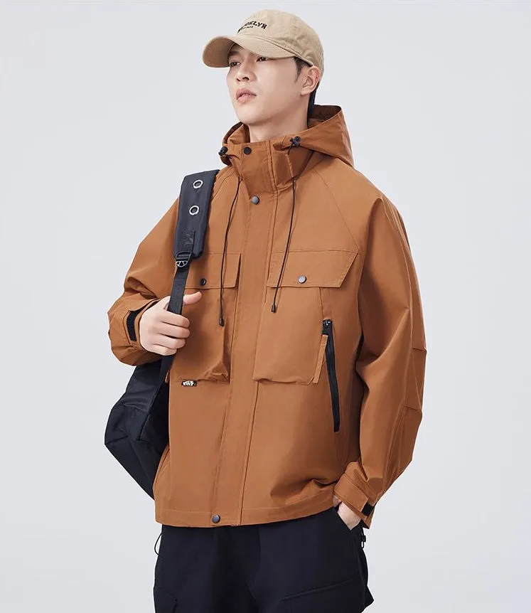 Men's Windproof Rain Jacket with Flap Pockets and Stain-resistant Material
