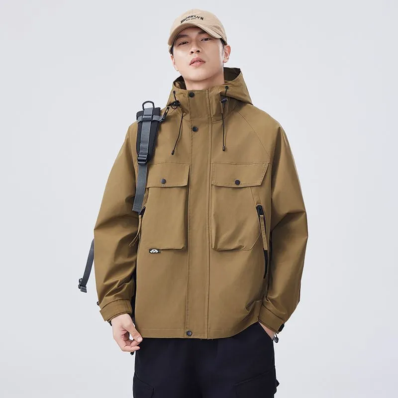 Men's Windproof Rain Jacket with Flap Pockets and Stain-resistant Material