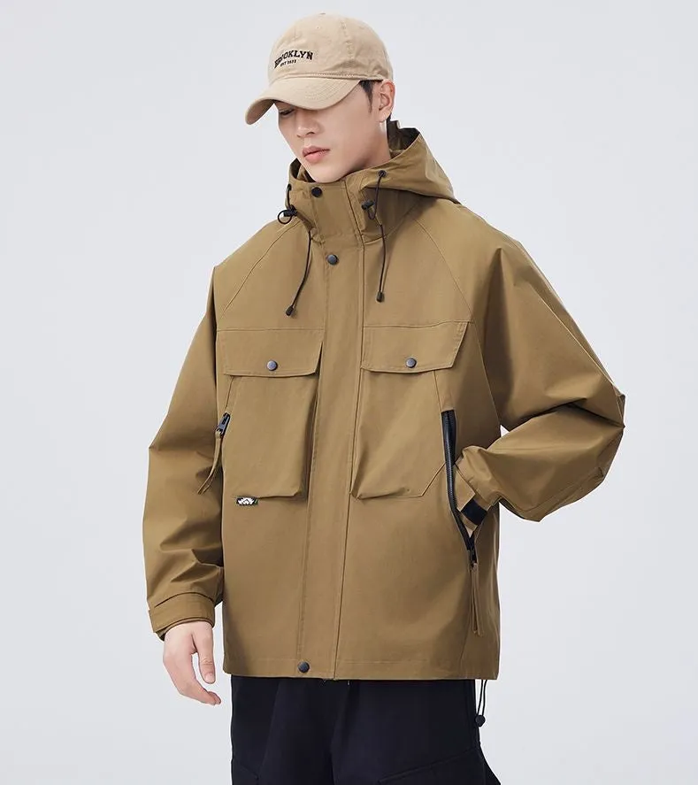 Men's Windproof Rain Jacket with Flap Pockets and Stain-resistant Material