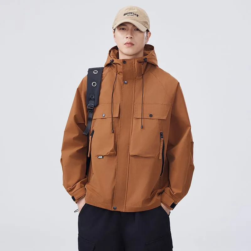 Men's Windproof Rain Jacket with Flap Pockets and Stain-resistant Material