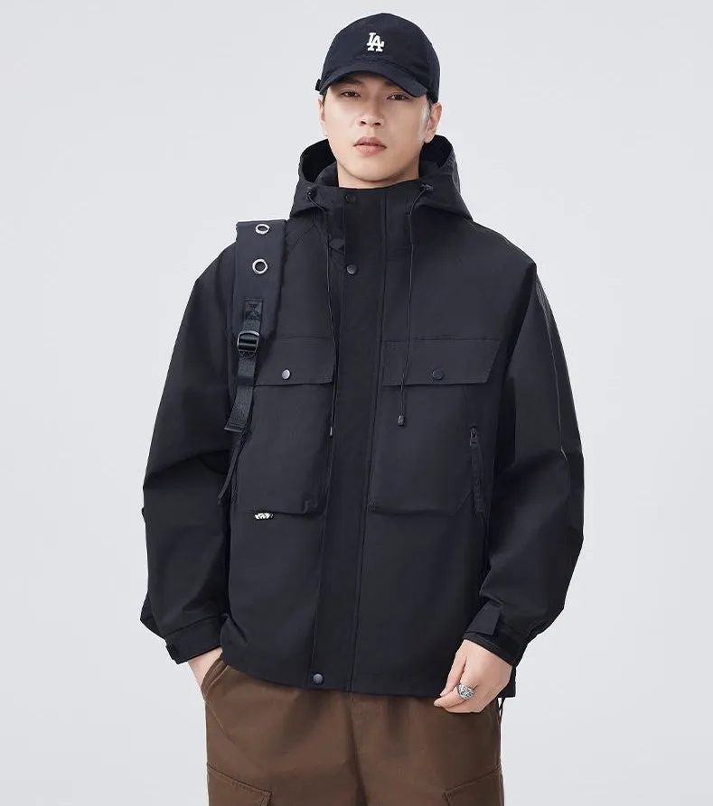 Men's Windproof Rain Jacket with Flap Pockets and Stain-resistant Material