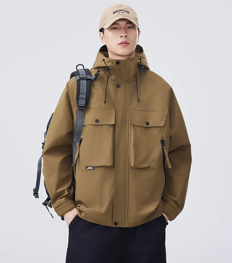 Men's Windproof Rain Jacket with Flap Pockets and Stain-resistant Material
