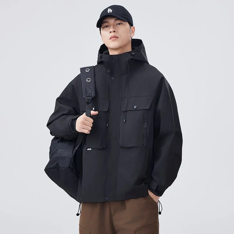 Men's Windproof Rain Jacket with Flap Pockets and Stain-resistant Material