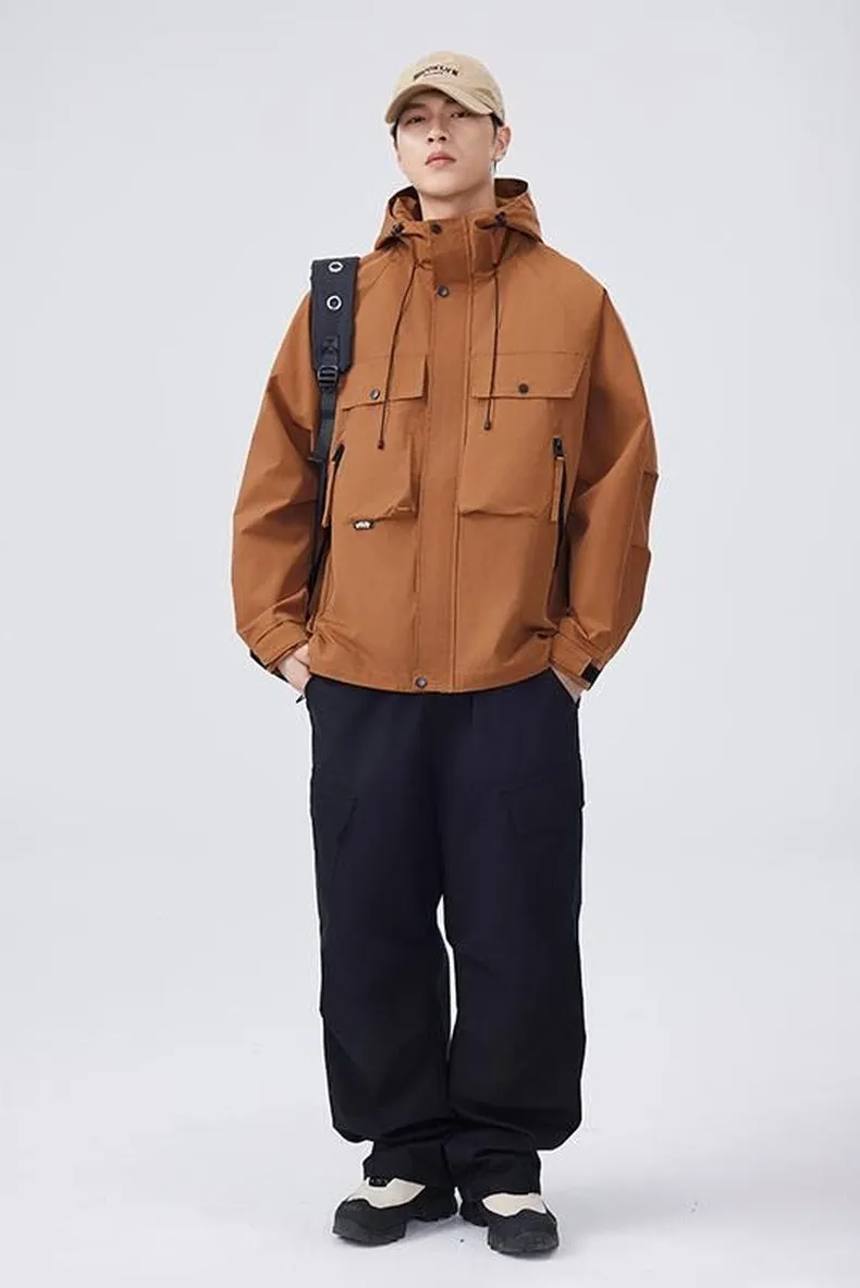 Men's Windproof Rain Jacket with Flap Pockets and Stain-resistant Material