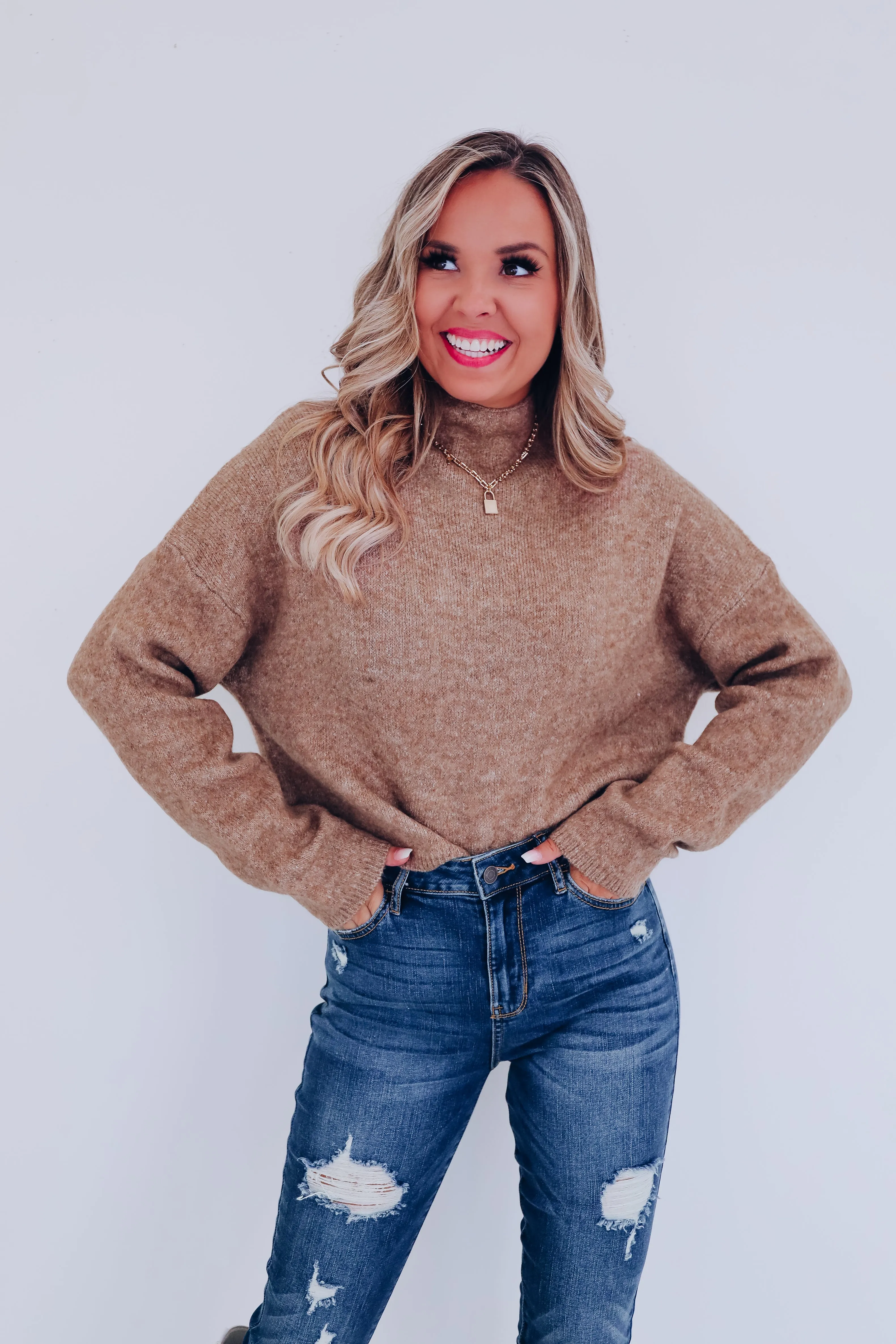 Micah Mock Neck Cropped Sweater - Brown