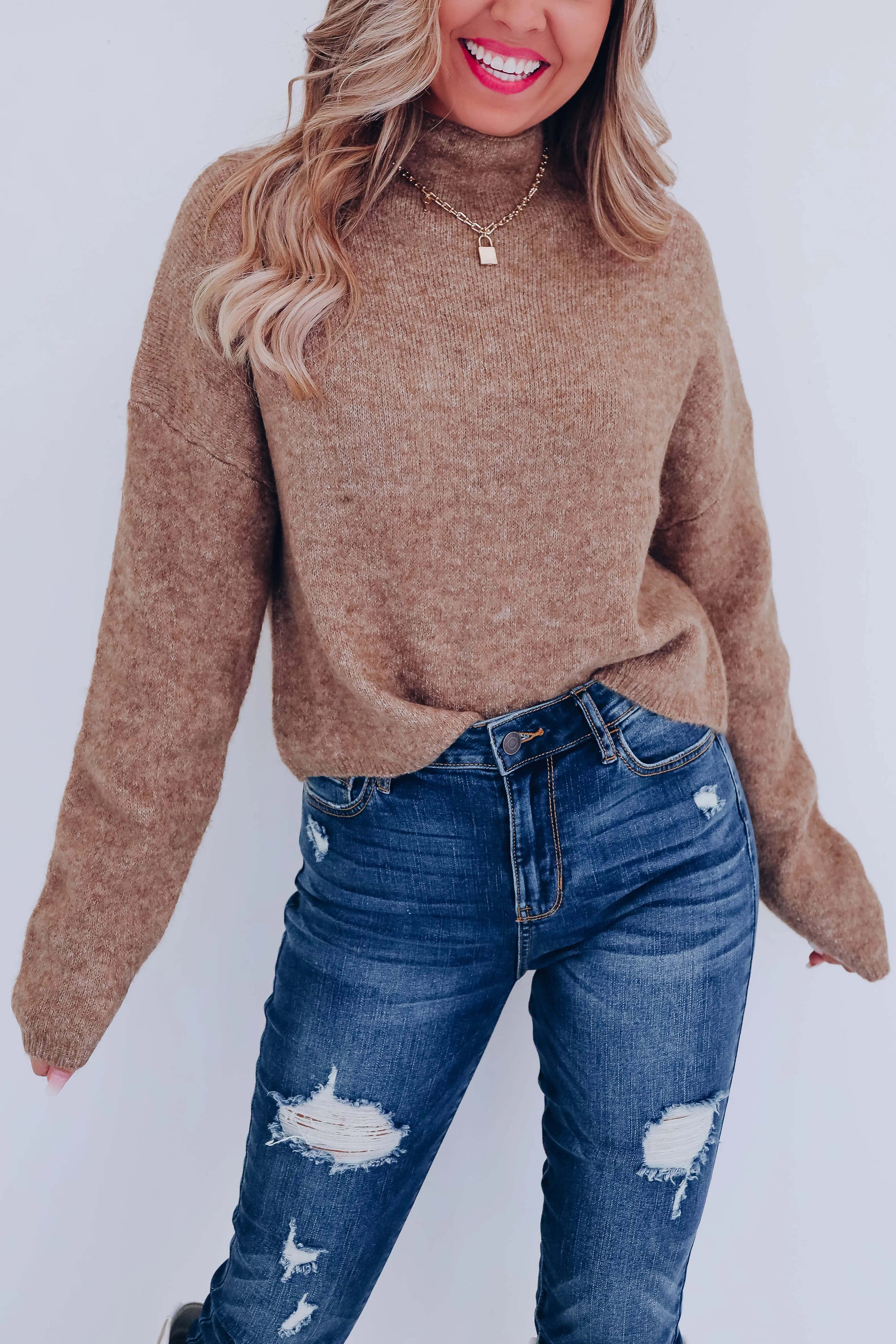 Micah Mock Neck Cropped Sweater - Brown