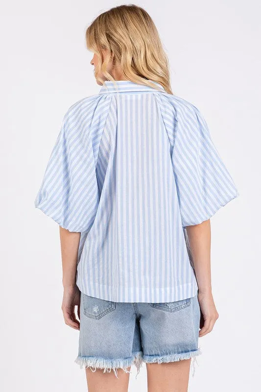 Mittoshop Button Down Striped Puff Sleeve Shirt