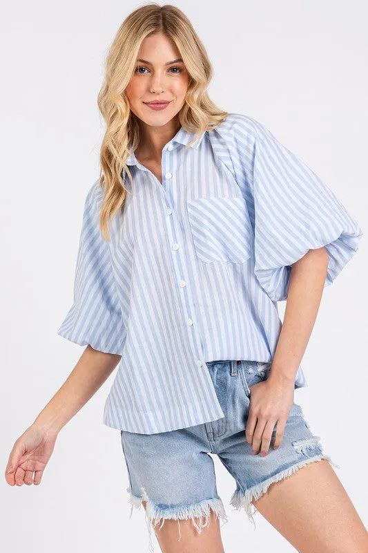 Mittoshop Button Down Striped Puff Sleeve Shirt