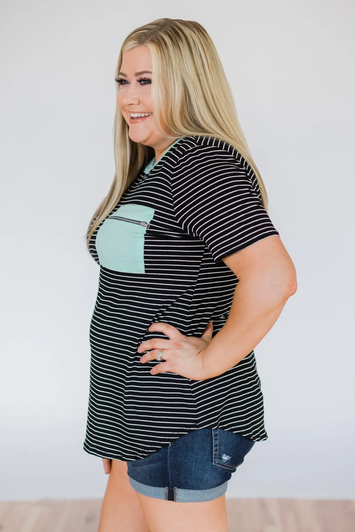 Move to the Beat Striped Pocket Top- Mint