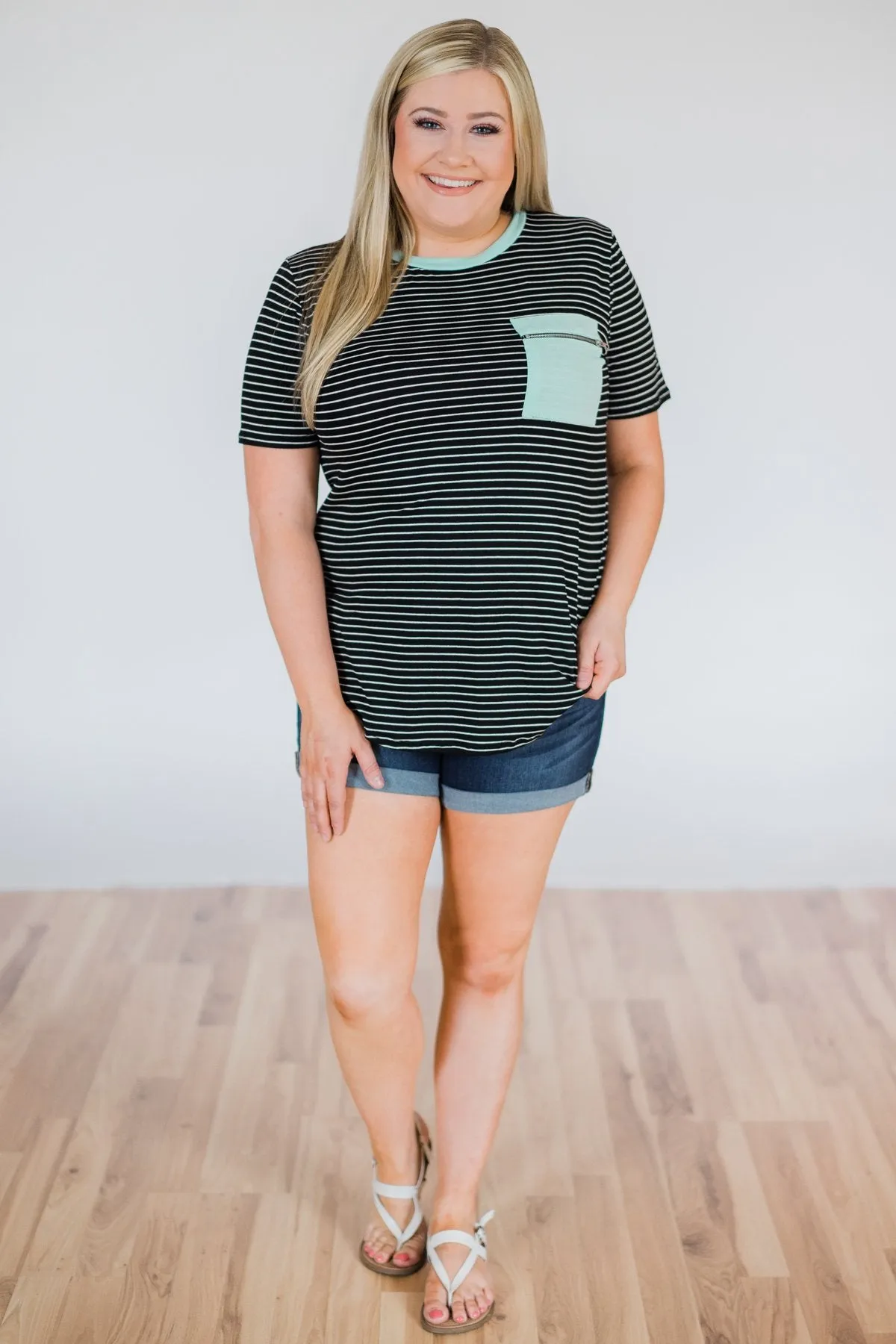 Move to the Beat Striped Pocket Top- Mint