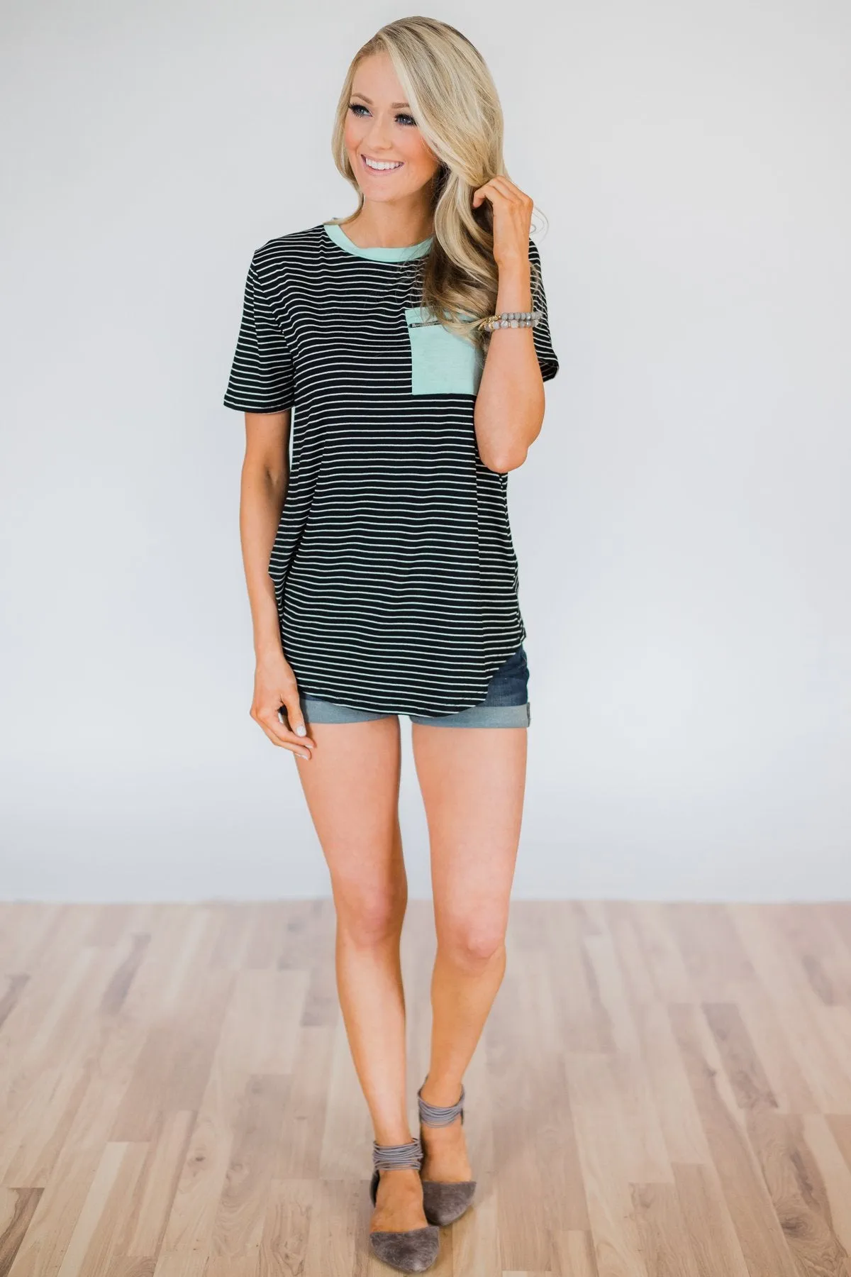 Move to the Beat Striped Pocket Top- Mint