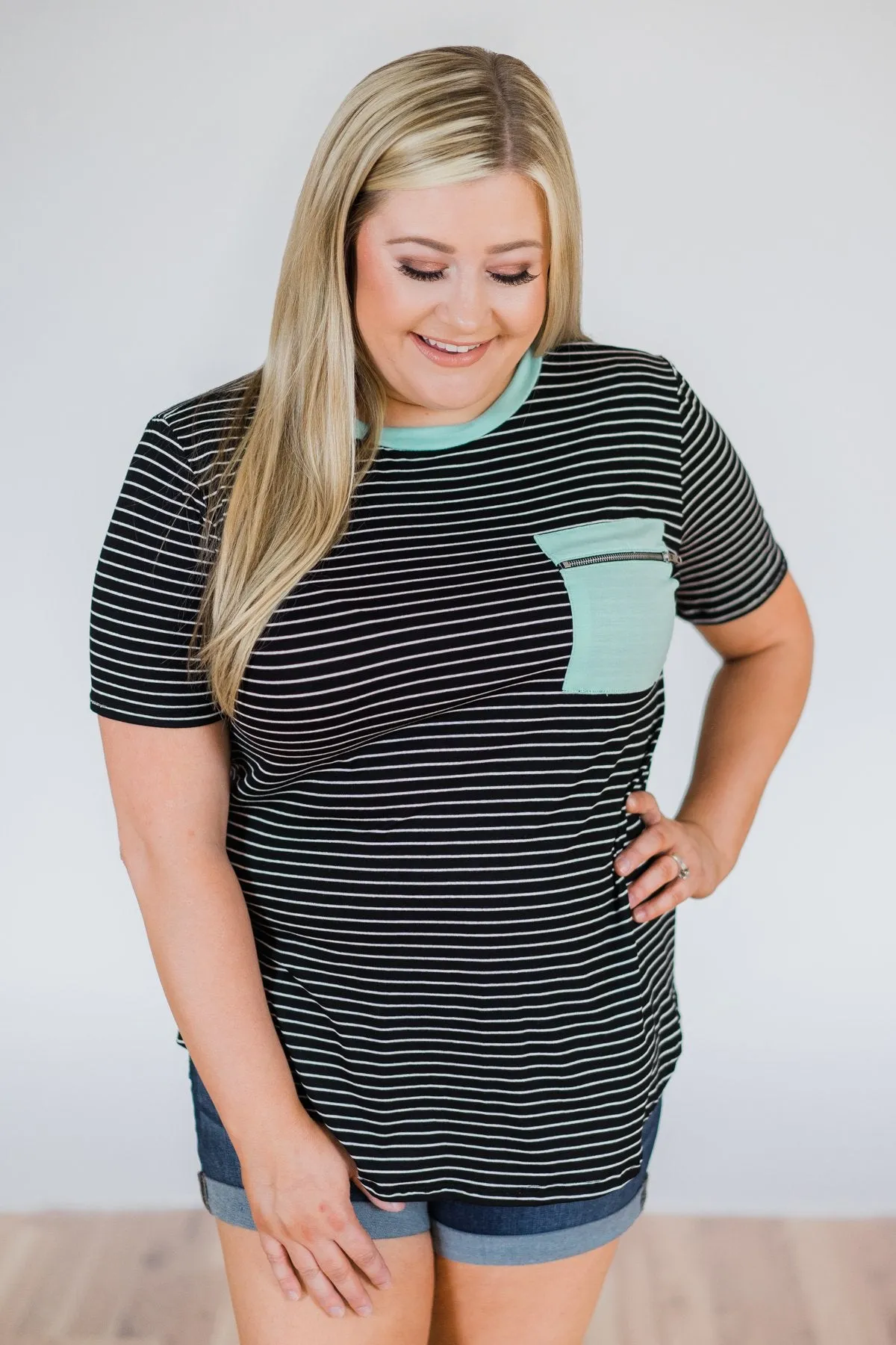 Move to the Beat Striped Pocket Top- Mint