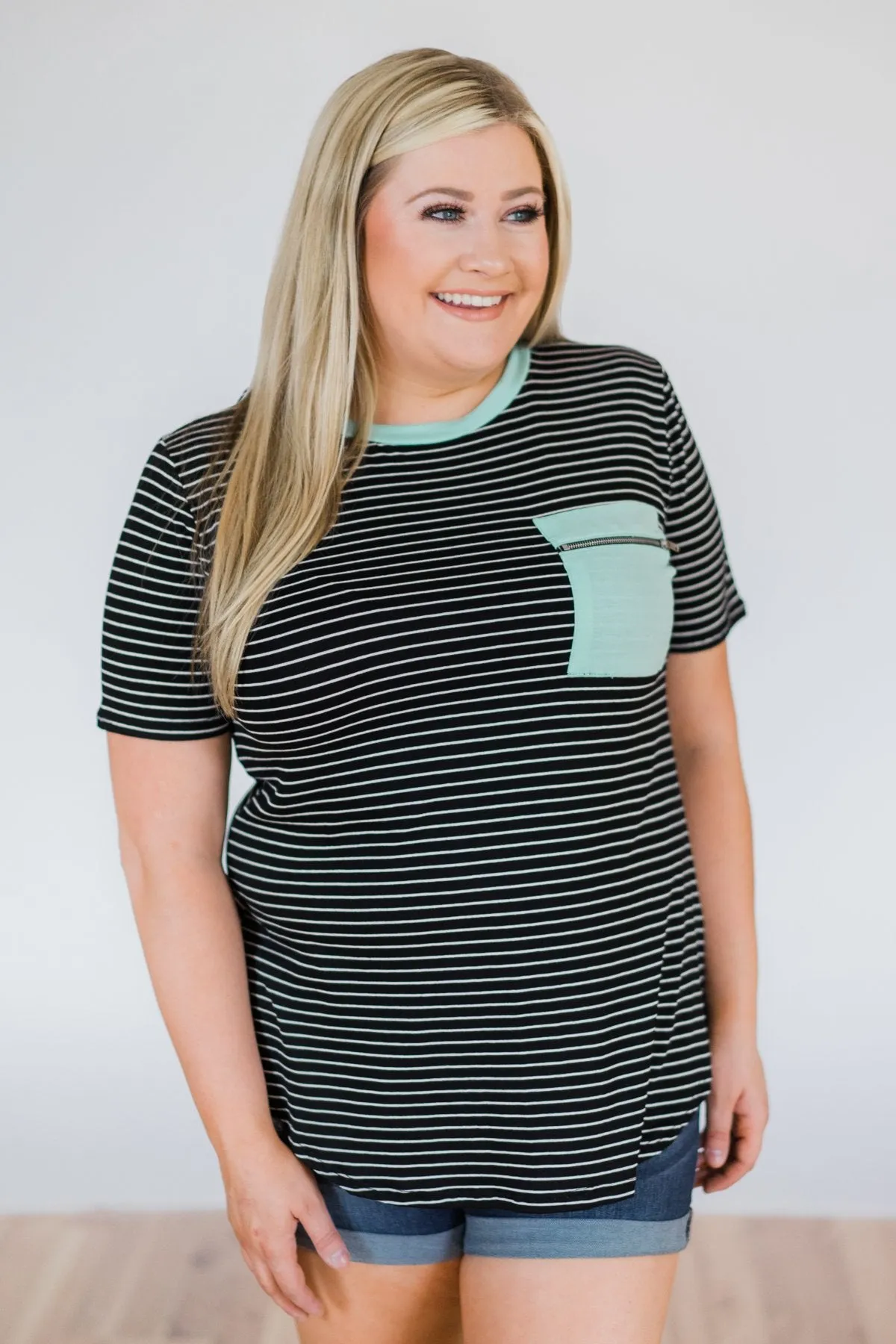 Move to the Beat Striped Pocket Top- Mint