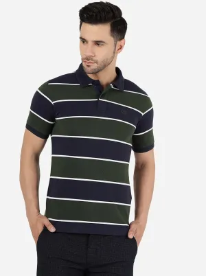 Navy Blue & Olive Striped Slim Fit Polo T-Shirt | Greenfibre