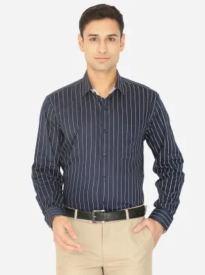 Navy Blue & White Striped Slim Fit Formal Shirt | Greenfibre