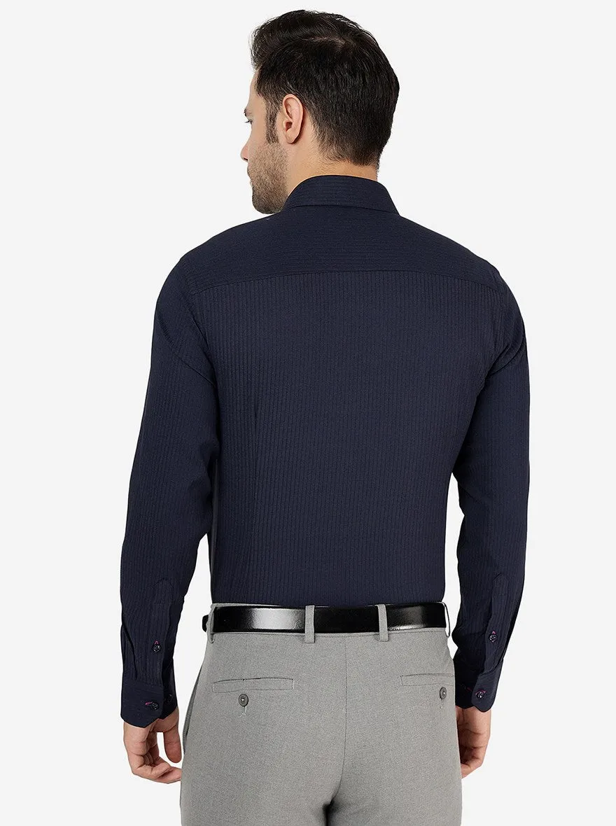 Navy Blue Striped Slim Fit Party Wear Shirt | Greenfibre