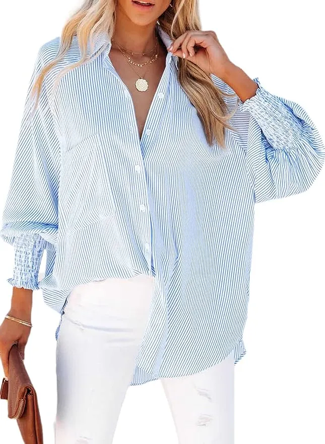 New POGLIP Women's Blue Smocked Cuffed Striped Boyfriend Shirt with Pocket, Blue, Sz XXL