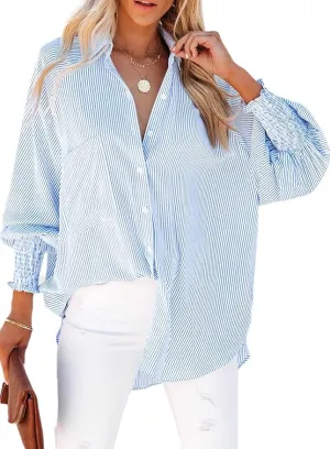 New POGLIP Women's Blue Smocked Cuffed Striped Boyfriend Shirt with Pocket, Blue, Sz XXL